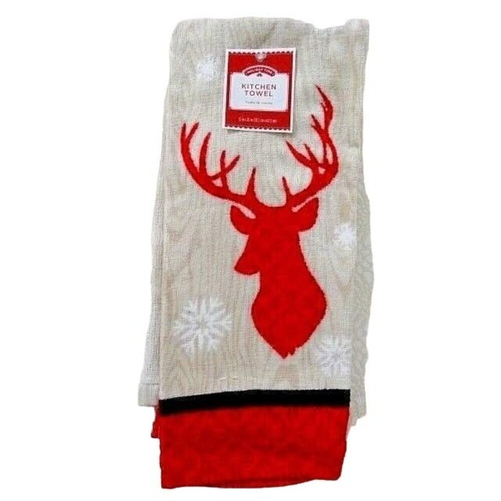 Holiday Time Christmas Elk Deer Kitchen Towels 2-pc Red Beige Snowflakes Lodge